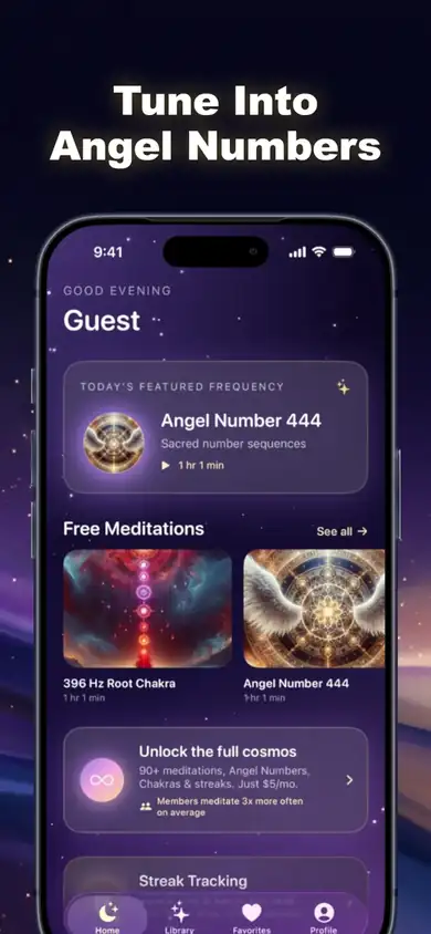 Quiet Current home screen with a library of hour-long meditations
