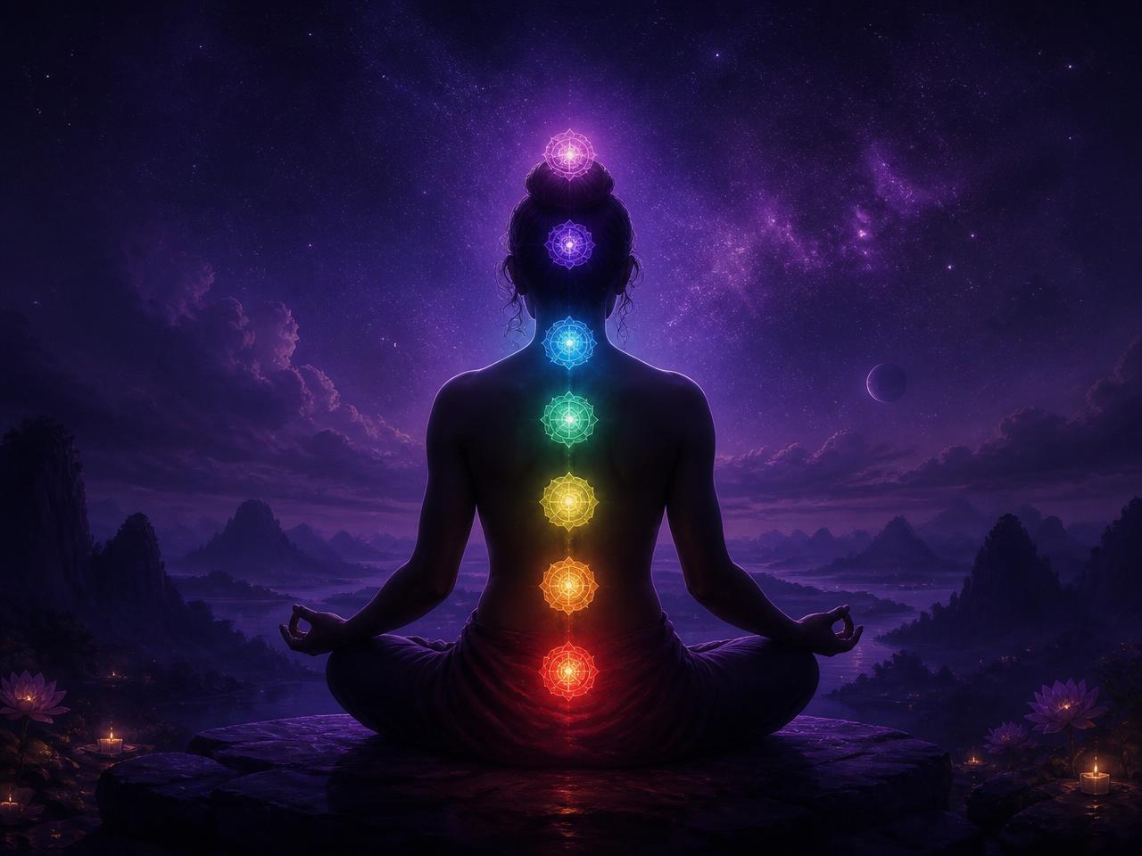 Seven glowing chakra orbs aligned along a spine of light