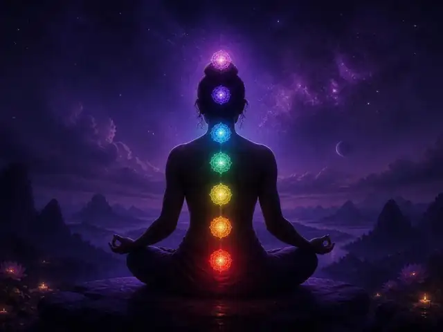 Seven glowing chakra orbs aligned along a spine of light